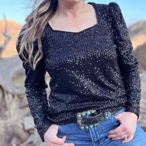 Western Bubble Bling Babe Sparkle Sequin Long Sleeve Black Top New